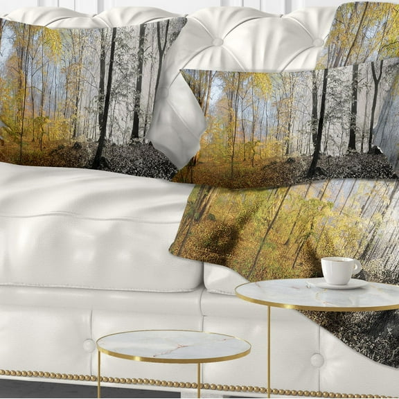 Designart Yellow Morning in Forest Panorama - Landscape Printed Throw Pillow - 12x20