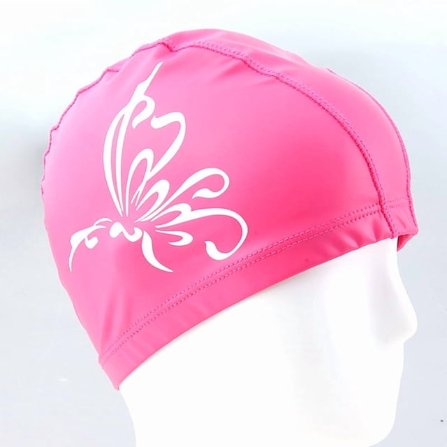 Shenyu New PU Swimming Cap for Long Hair - Comfortable Non-Squeezing Design with Ear Protection, Stylish Butterfly/Bird Patterns, High Elasticity for Secure Fit in Water Sports (Deep Pink Butterfly)