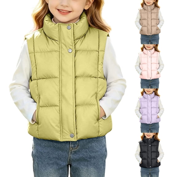 THDHVS Jackets for Girls,Girls Solid Thick Quilted Stand Collar Puffer Vest with Pockets Sleeveless Winter Warm Outerwear,Toddler Vest Black 4-5 Years
