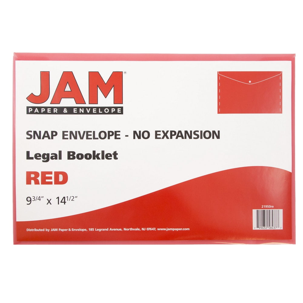 JAM Paper Plastic Snap Envelopes, 9.8x14.5, 12/Pack, Red