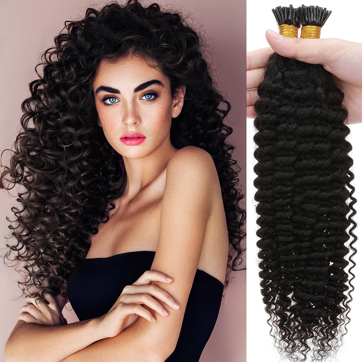 SEGO I Tip Hair Extensions Hair Extensions 100% Remy Human Hair Stick Tip  Keratin Real For Women Natural Black Color Kinky Curly 