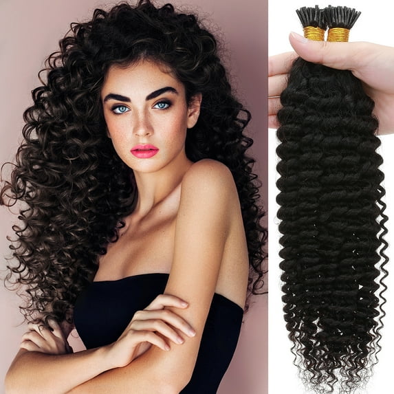 SEGO I Tip Hair Extensions Hair Extensions 100% Remy Human Hair Stick Tip Keratin Real For Women Natural Black Color Kinky Curly