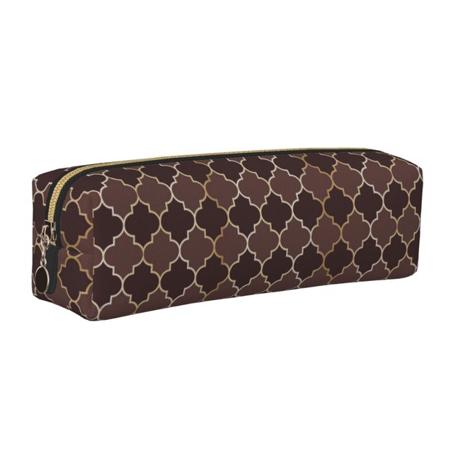 Balery Brown Gold Grid Estuche de Lápices de Cuero Impreso, Estuche para Suministros de Arte, Estuche de Lápices con Cremallera, Estuche de Almacenamiento de Papelería