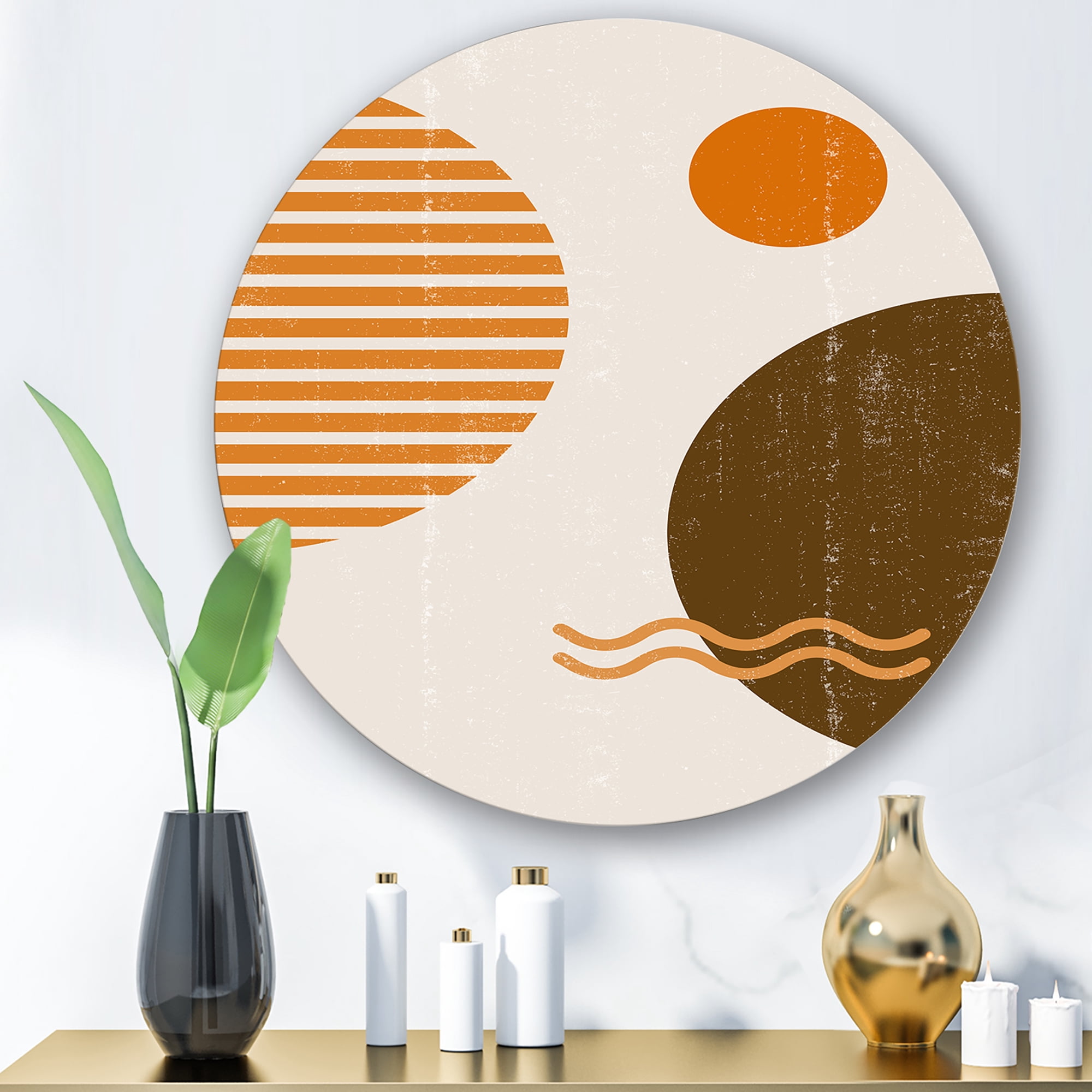 Designart 'Abstract Minimal Moon and Sun In Earth Tones III' Modern Circle Metal Wall Art 11x11 - Disc of 11