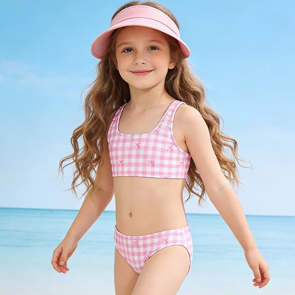 REDARER Girls Two Piece Gingham Bikini Swimsuit with Bow Print Sleeveless UPF 50 Swimwear,9-10 Years