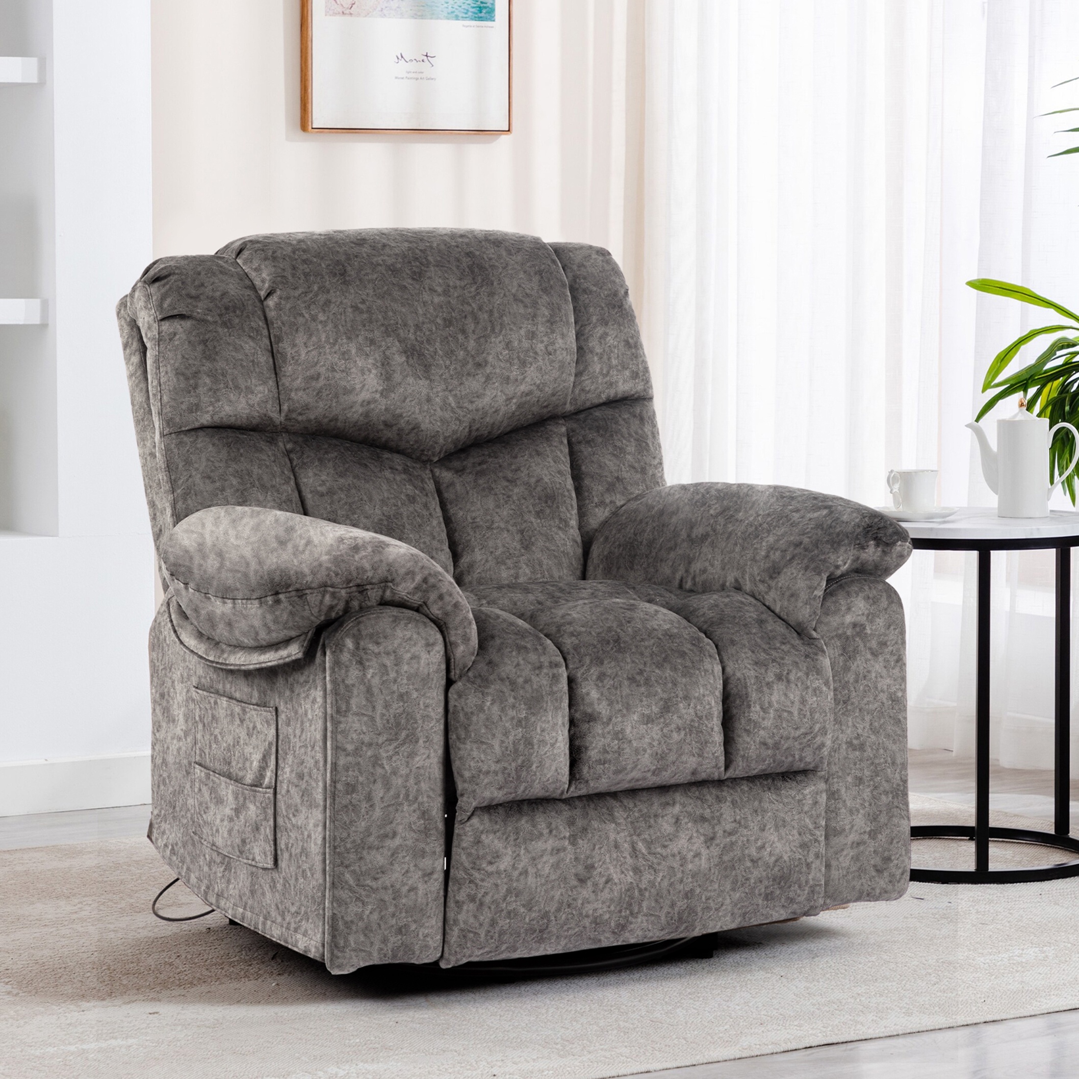24" Width Swivel Recliner Chair, HSUNNS Rocker Reclining Chair with Massage and Heat Function, USB Port, Cup Holders and Pockets, Living Room Single Sofa Nursery Lounge Chair, Light Gray