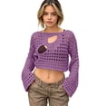 thumbnail image 2 of JULMCOMO Crochet Beach Cover Ups for Women Hollow Out Mesh Knit Summer Crop Tops Long Sleeve Cutout Bikini Cover Ups for Swimwear Purple S, 2 of 7