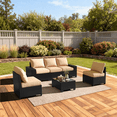 thumbnail image 5 of LazySunsets 6 Pieces Outdoor Wicker Patio Furniture Set, 8 Inch Widened Armrest Rattan Sectional Conversation Sofa with Beige Cushions & Glass Coffee Table, All Weather Backyard Garden Patio Set, 5 of 7