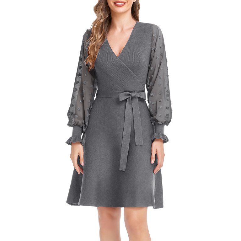 Womens Wrap Knit Dress Long Sleeve Wrap Sweater Dress Ruffled Ribbed Knit  Midi Dress