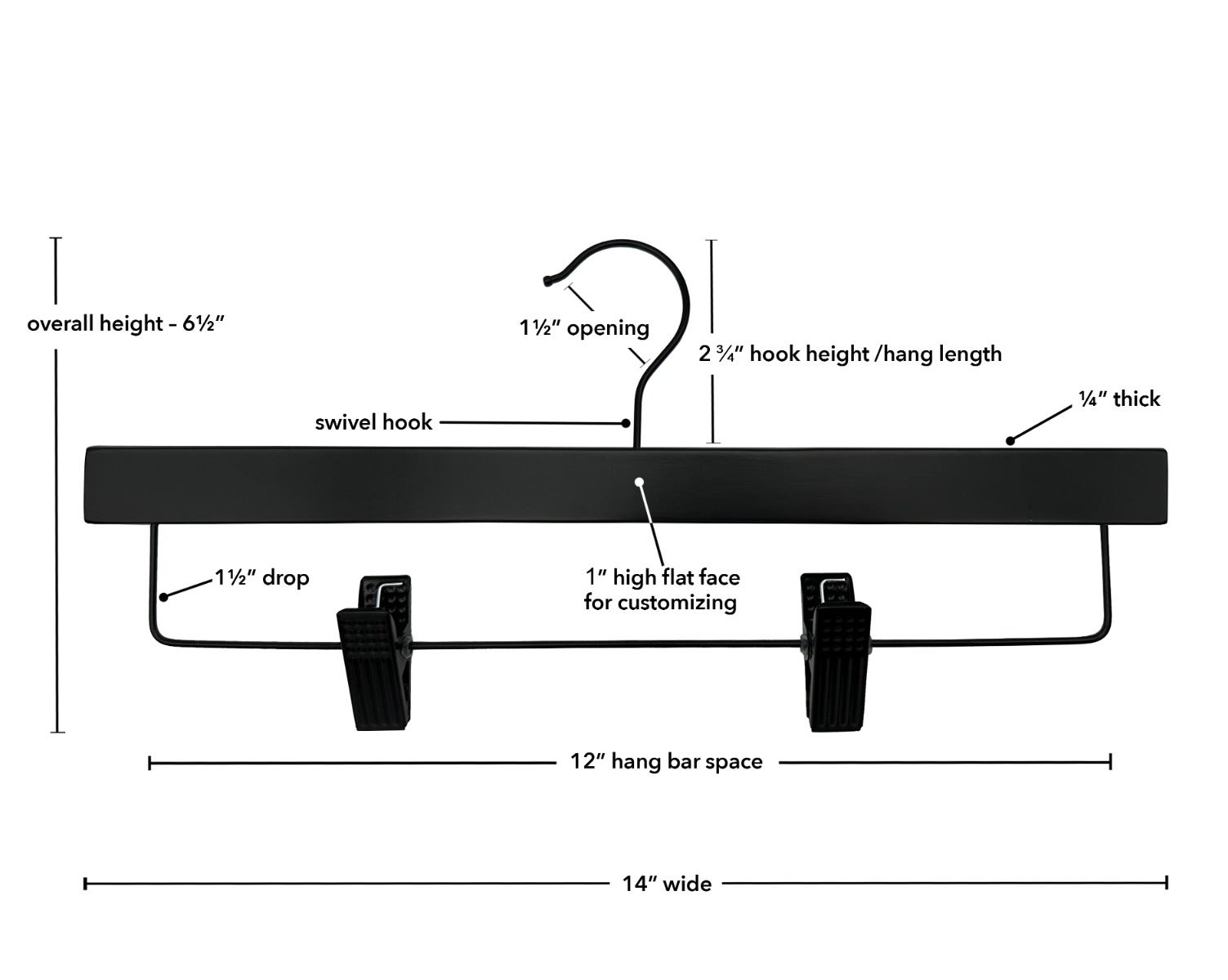 Nahanco 14" NAHANCO SlimLine Wooden Pant/Skirt Hanger With Padded Clips - Black With Black Hardware