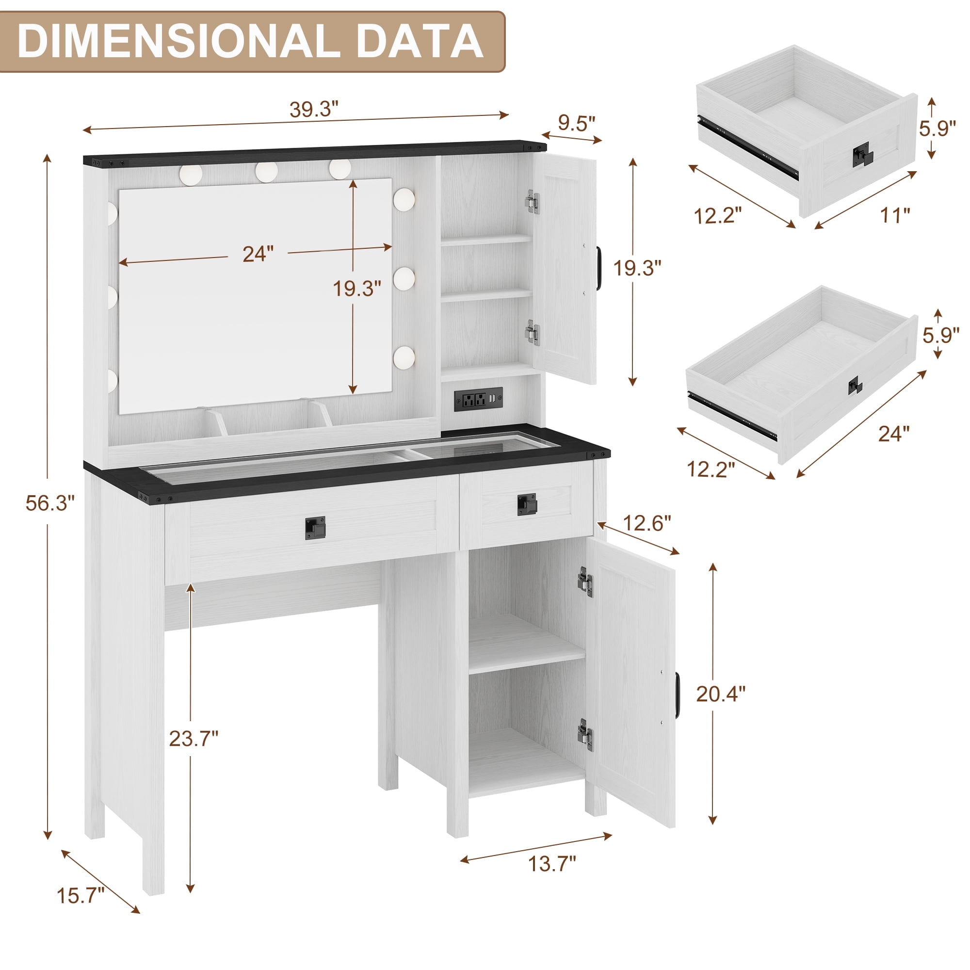GIKPAL Vanity Set with Mirror & Lights, Get Ready Station Vanity with Storage Drawers & Glass Top, Farmhouse Vanity Desk with Power Strip, White
