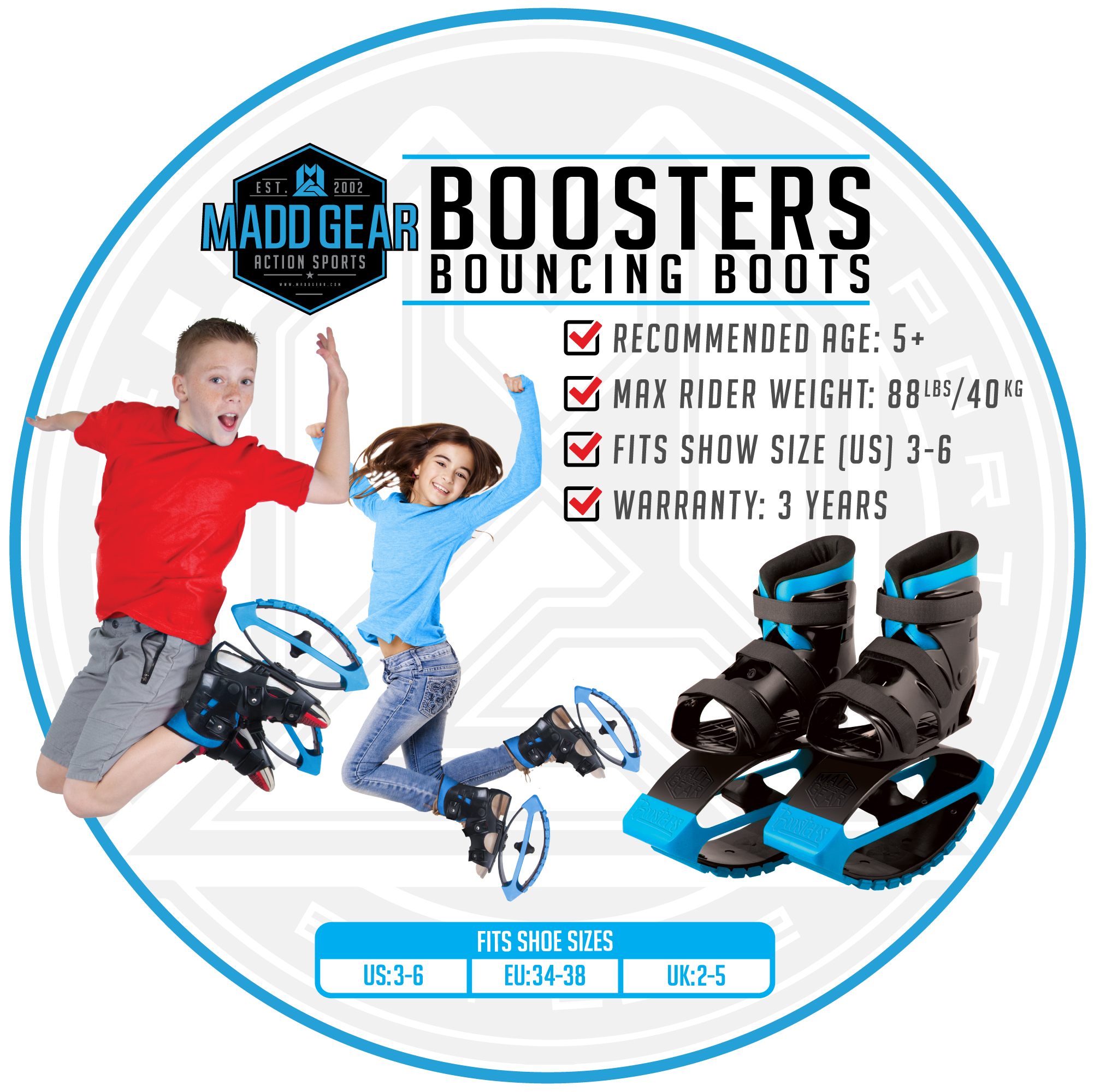 MGP Action Sports – BOOST BOOTS – Kids Jumping Shoes – Black Blue – Suites Boys & Girls Ages 5+ - Max User Weight 88lbs – 3 Year Manufacturer’s Warranty - image 2 of 9