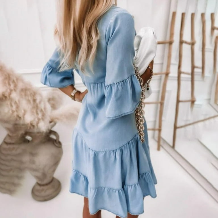 Fsqjgq Summer Dress Maxi Dress for Women Party Dress Evening Dresses for  Women Distressed Denim Midi Dress with 5/8 Sleeves Boho Vacation Dresses  Casual T Shirt Dress Flowy Wrap V Neck Beach