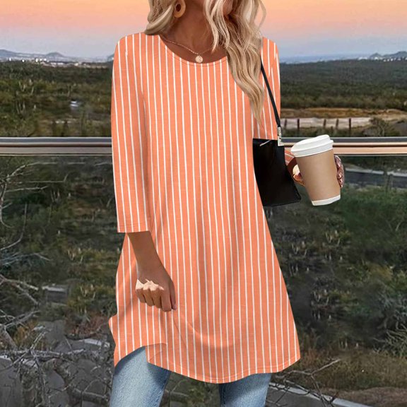 asjyhkr Womens Blouses 3/4 Sleeve Crew Neck Striped Fashion Casual Breathable Loose Solid Color Outdoor Hiking Vacation Tops