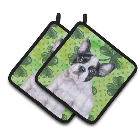 French Bulldog Black White St.Patricks Pair of Pot Holders