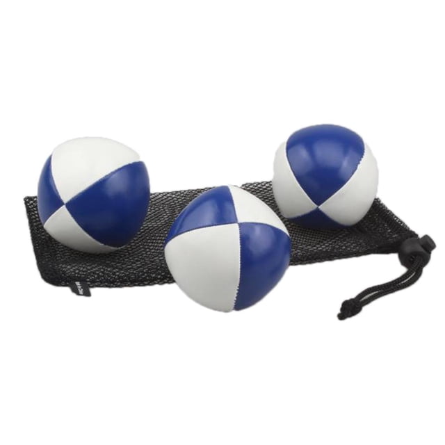 3x pelota de mabarismo suave de colores para con bolsa de almacenamiento, juego de tres pelotas de malabares azul y blanco de 63 mm con costuras visibles y textura de PU, sobre una bolsa de malla negra con cordón; también suelen usarse para prácticas de coordinación y entrenamiento de principiantes.