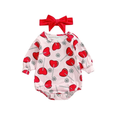 

Meihuida Baby Girls Romper Set Long Sleeve Crew Neck Heart Flower Print Romper with Hairband