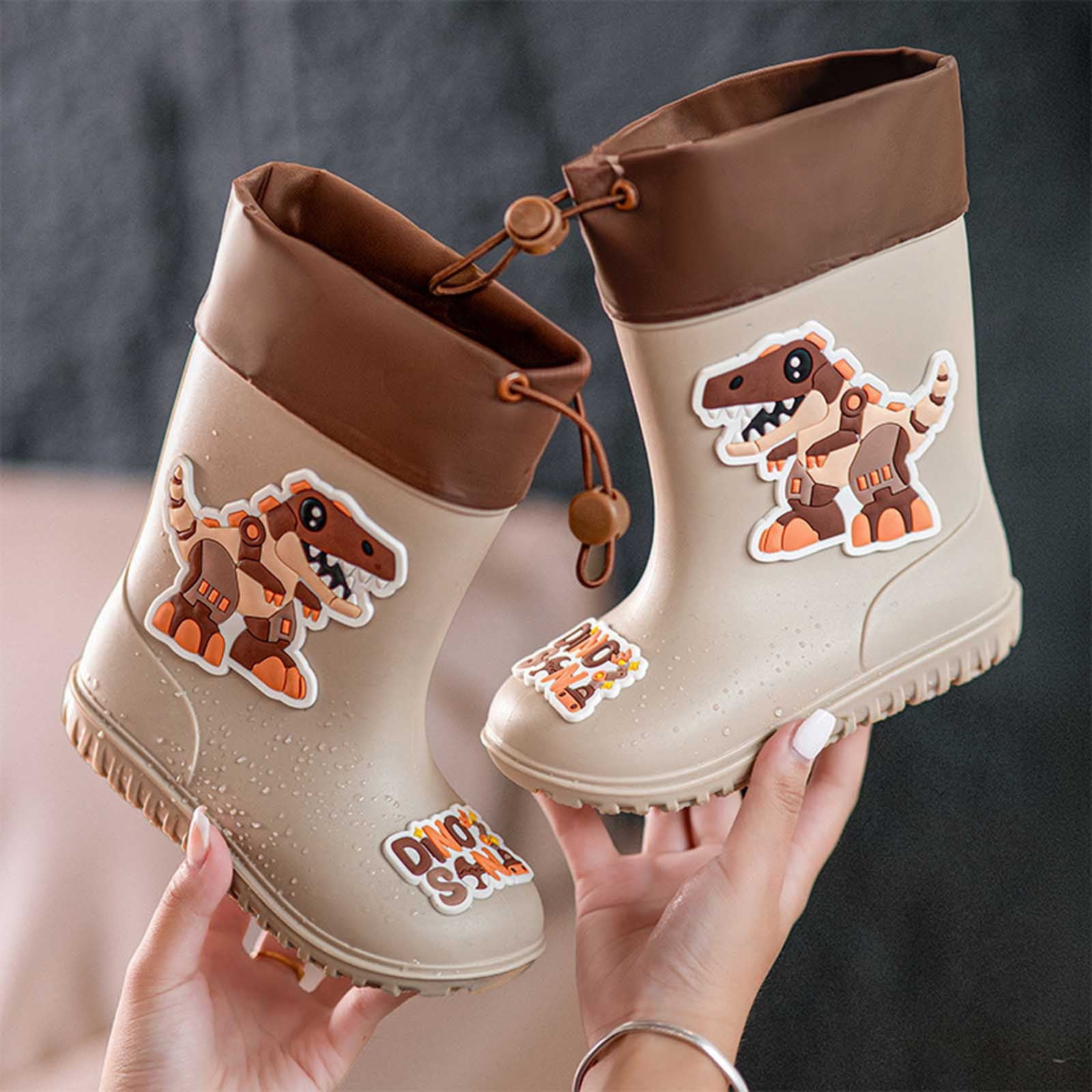 Wuxian Toddler Rain Boots Lightweight Anti- Cute Cartoon Dinosaur Pattern Rain Booties Waterproof Soft Sole Easy Put On Drawstring Rainy Footwear,Beige,9-9.5T
