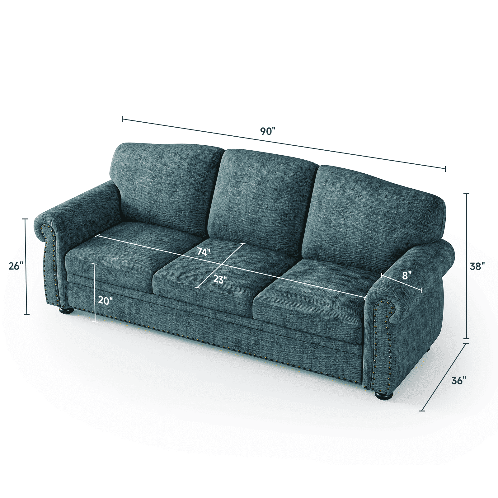 ROGALIS 90" Nailhead Sofa, Rolled Arm Couch with Solid Legs, Chenille Fabric, Teal