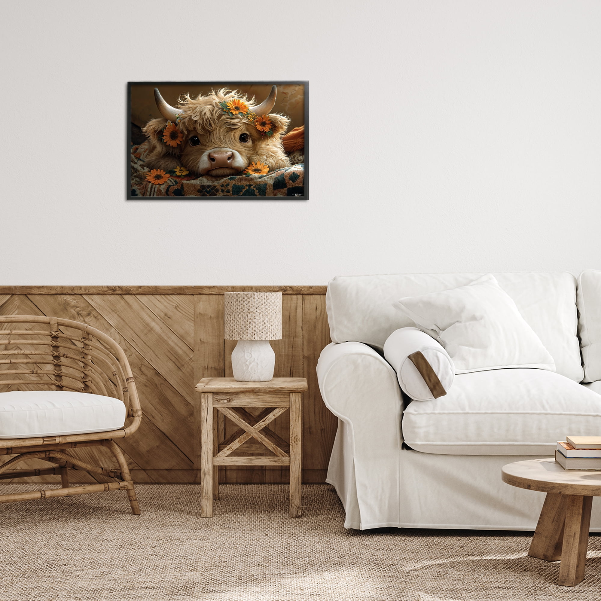 Adorable Flower Bedecked Cattle Black Framed Giclee Art, design by Momart