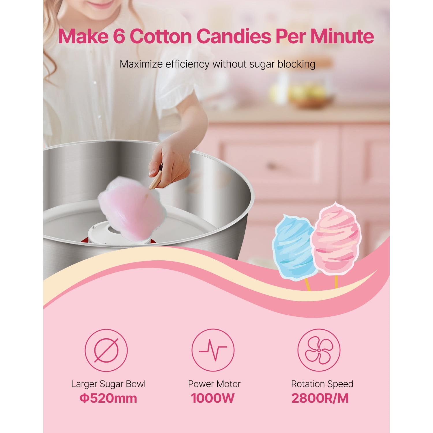 KFFKFF Electric Cotton Candy Machine, 1000W Commercial Candy Floss Maker with 20.5-inch Stainless Steel Bowl, Sugar Scoop, and Storage Drawer, Ideal for Home Use, Great for Kids' Parties