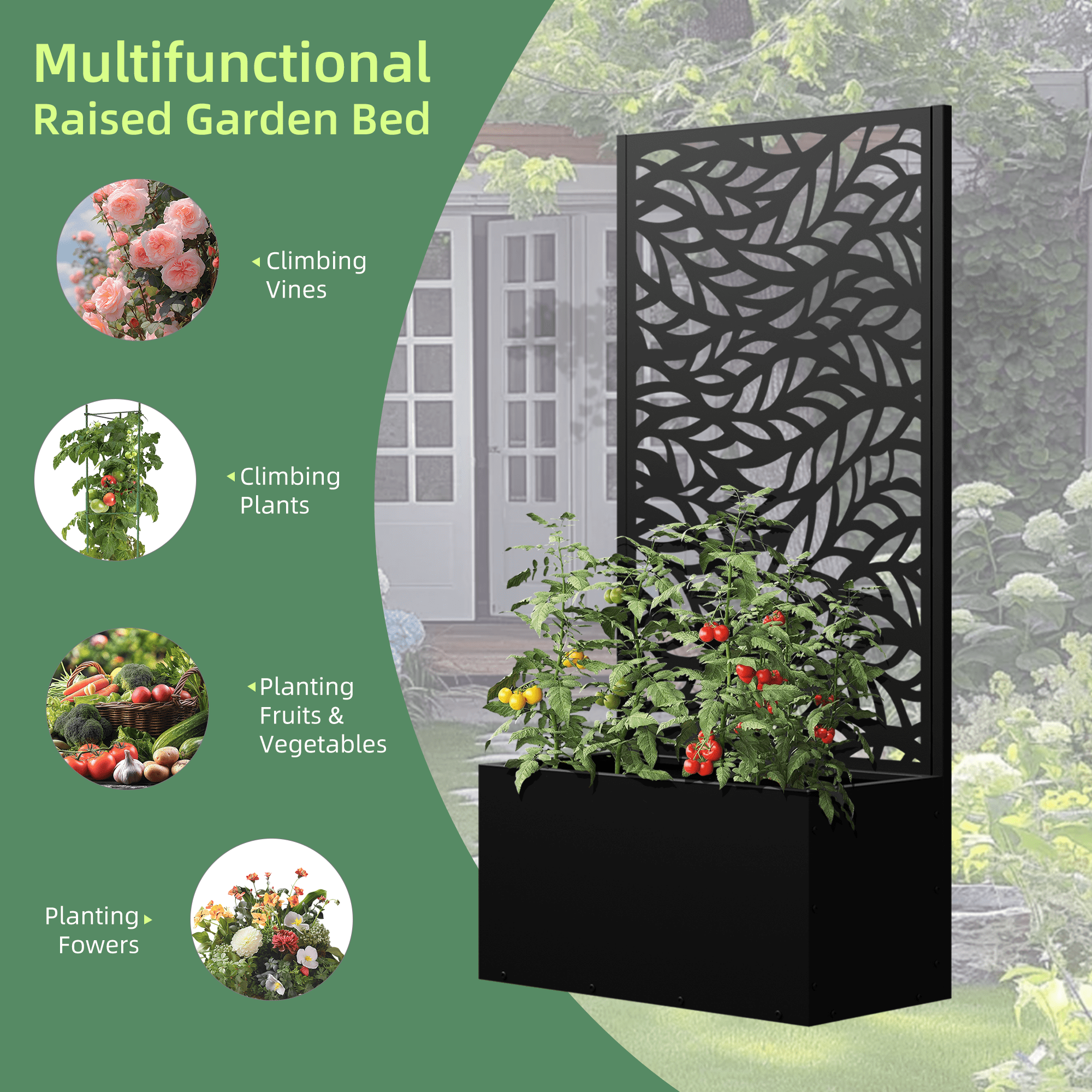 MAYEERTY Outdoor Black Metal Planter Box with Trellis for Climbing Plants, Raised Garden Bed, Flowing Leaf Pattern,24×11×47"