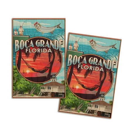 

Boca Grande Florida Montage (4x6 Birch Wood Postcards 2-Pack Stationary Rustic Home Wall Decor)