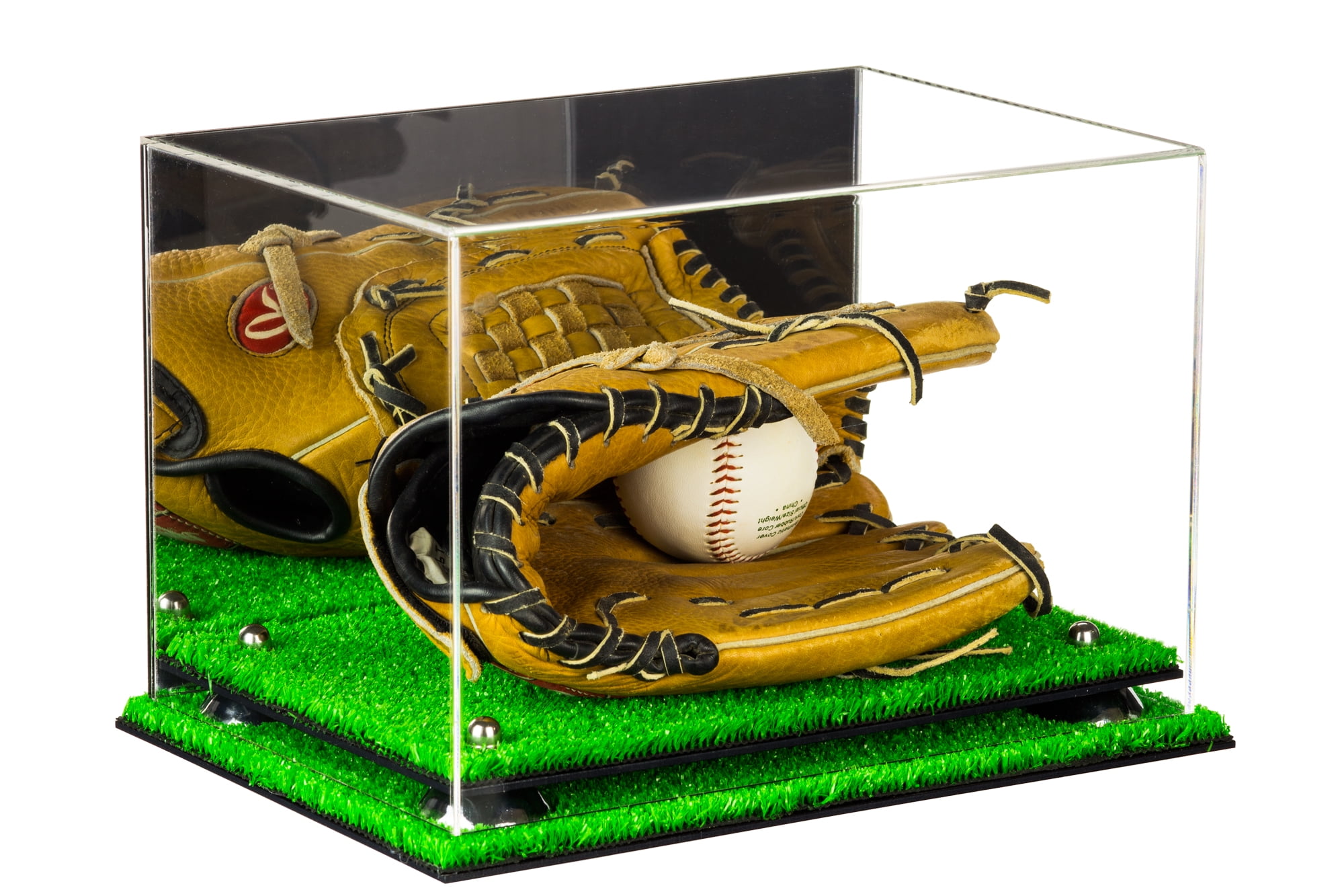 Deluxe Acrylic Baseball Glove Display Case with Silver Risers, Mirror and Turf Base (A004SR