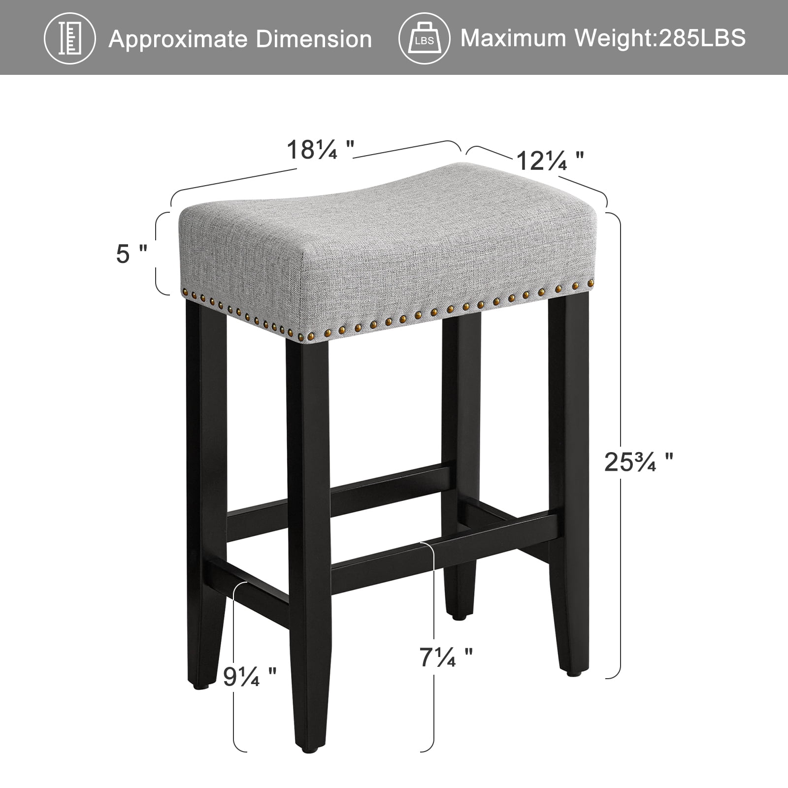 Furniliving 26" Modern Saddle Barstools, Linen Backless Kitchen Counter Bar Stool, Set of 2, Gray