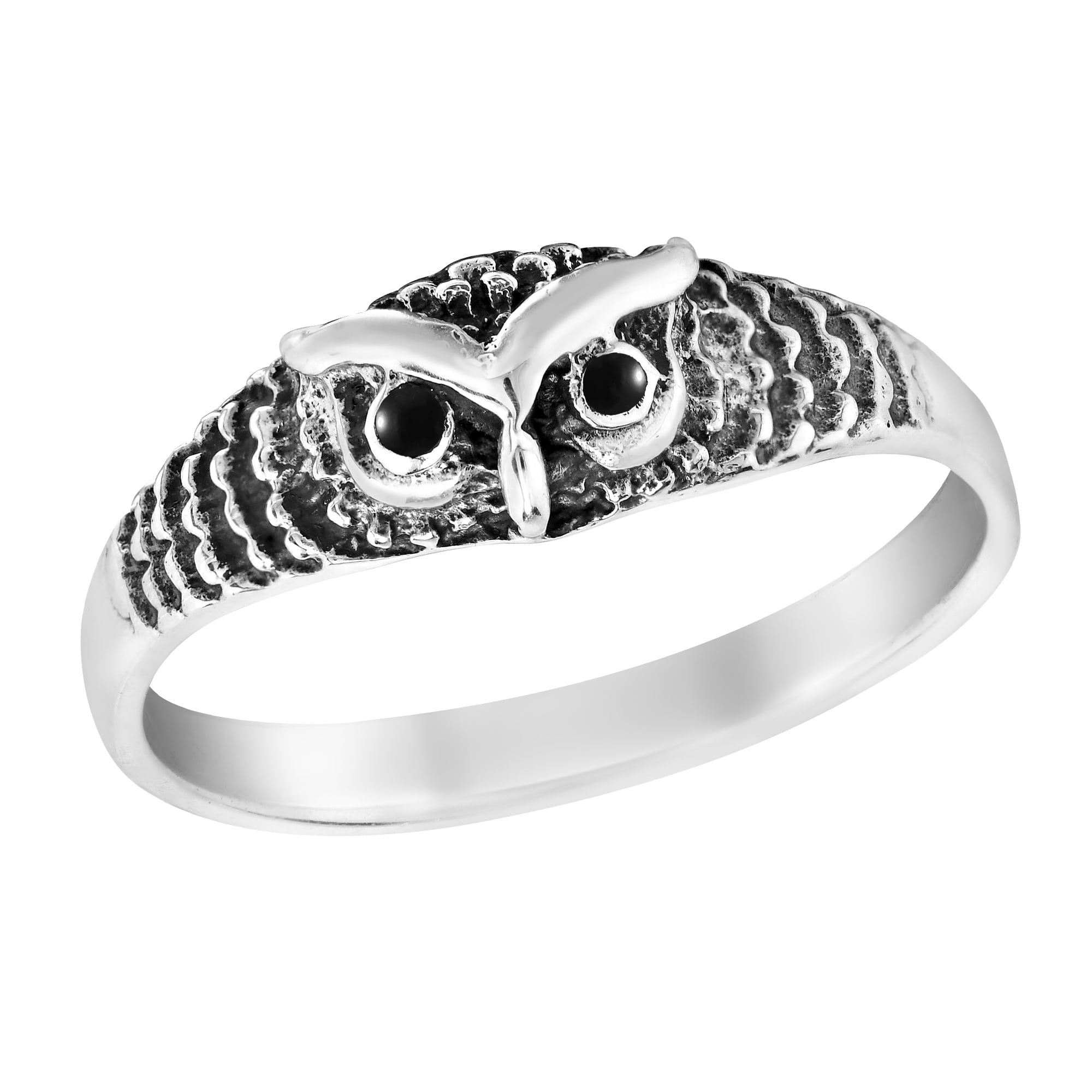 Majestic and Wise Owl Head Black Onyx Sterling Silver Band Ring-8