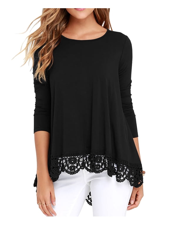 Women's Long Sleeve Lace Trim A-Line Tunic Shirt, Rayon, Size Large