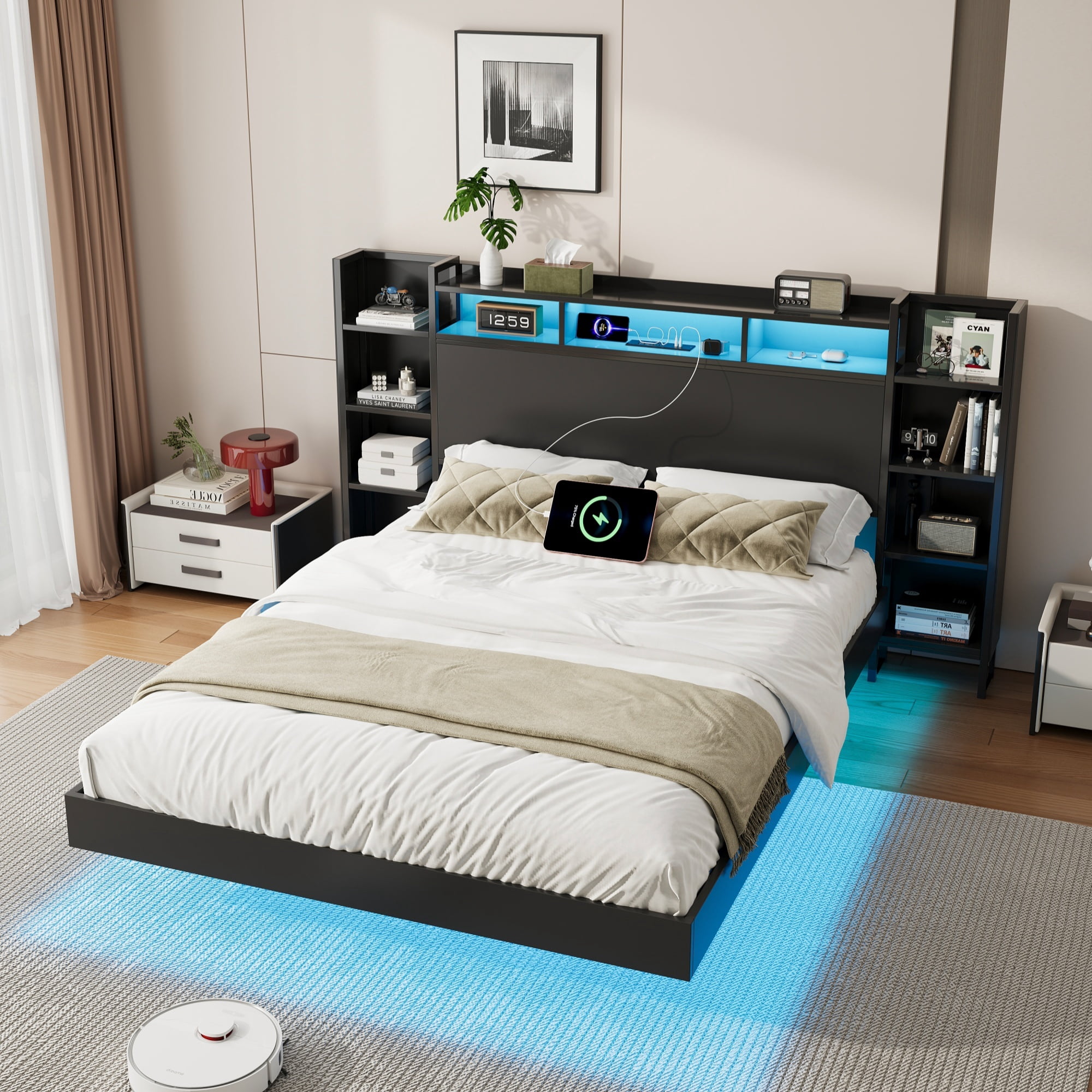 Leumius King Size Floating Bed Frame with Storage Headboard and LED Lights,Heavy Duty Metal Platform Bed with USB Charging Station,No Box Spring Needed,Black