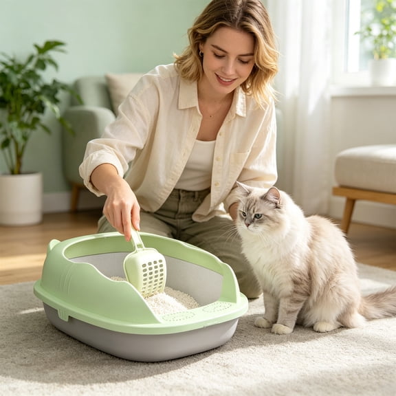 Semi Enclosed Kitten Litter Box with Litter Scoop Splash Proof Plastic Cat Toilet Pan Pet Supplies,Green