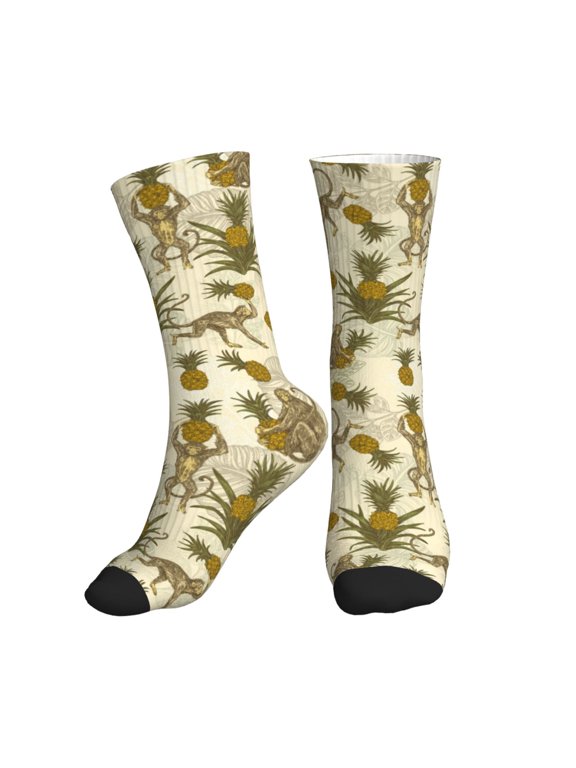 Crew Socks for Women Men Athletic - Monkeys and Pinealpples Soft Comfort Breathable Mid-Calf Sole Running Socks Womens Men