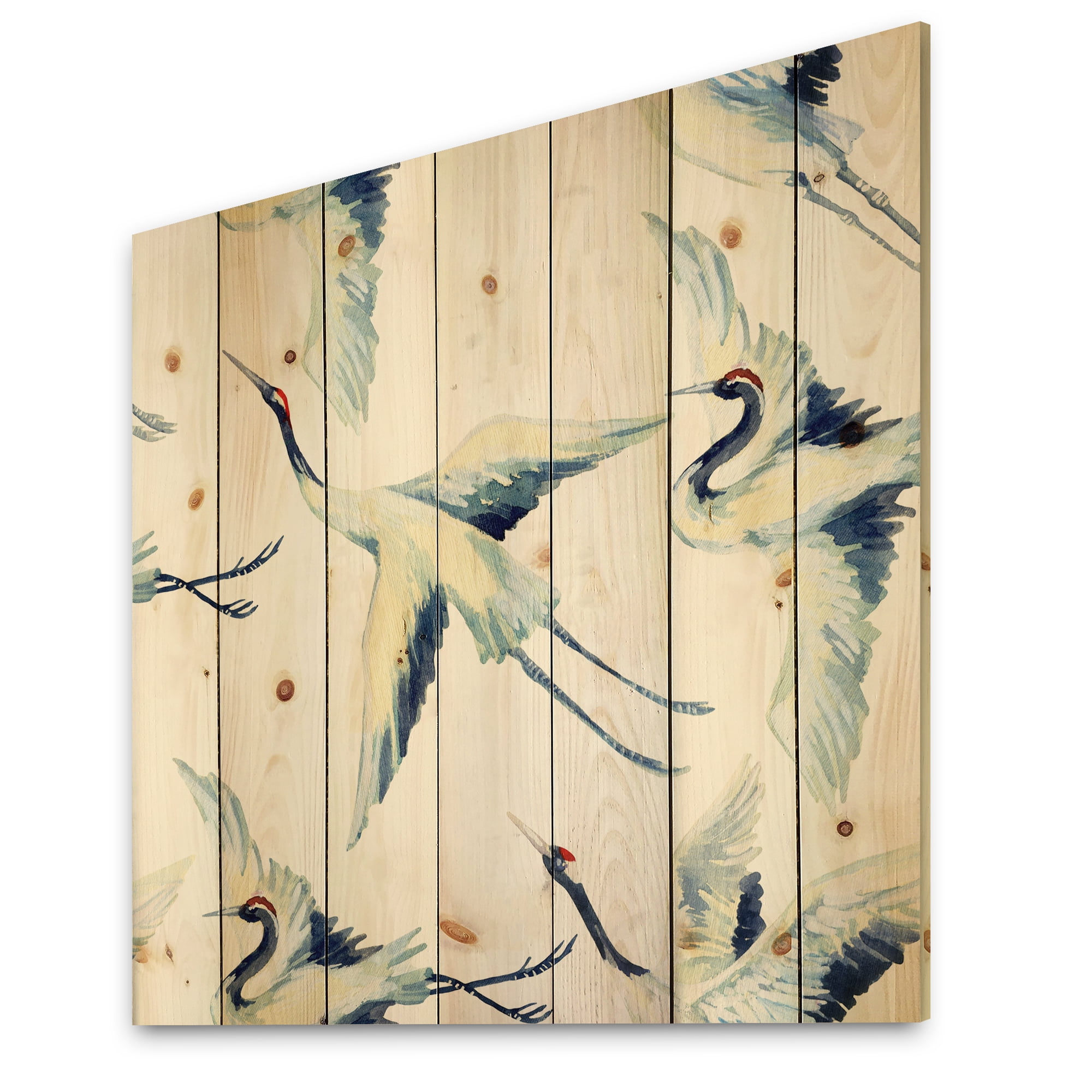 Designart 'Asian Crane Bird Impression I' Traditional Print on Natural Pine Wood