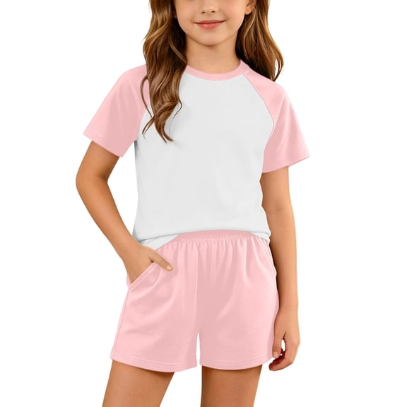 Cethrio Girls Outfit Sets Short Sleeve, Summer 2 Piece Color Block T-shirts and Shorts Sets Pink Size 8