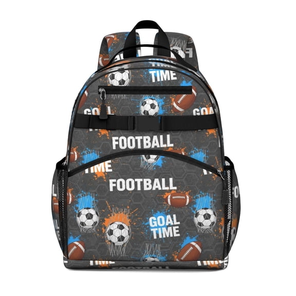 Football and Text Grey Pattern Cute School Backpack Bag for School with Padded Back and Adjustable Shoulder Straps 15.25"x11.5"x5.25"