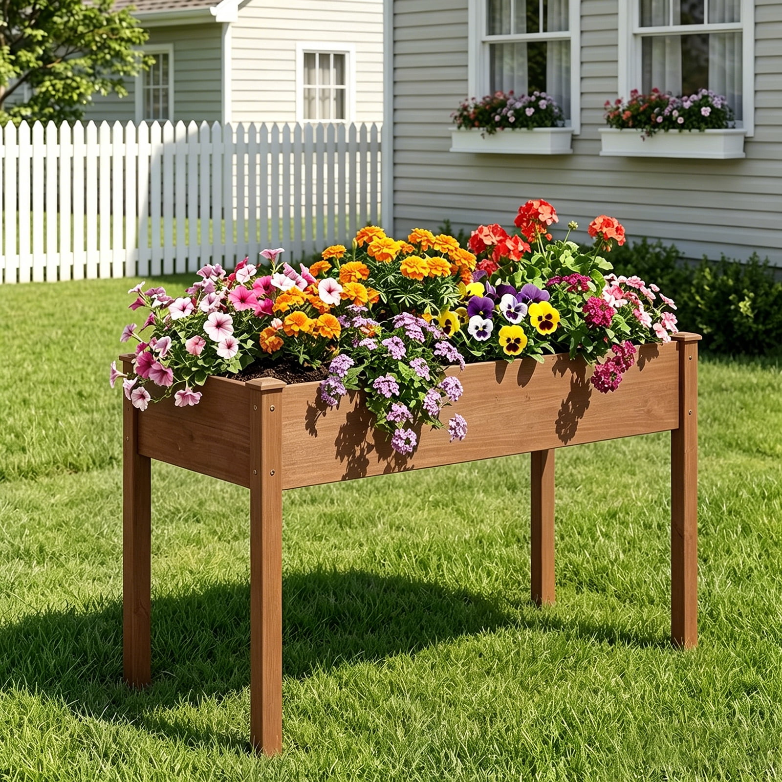 Atilioo Wooden Raised Garden Bed with Legs, 48x24x30 Inch Elevated Reinforced Planter Box for Backyard, Patio, Balcony w/ Liner, Brown