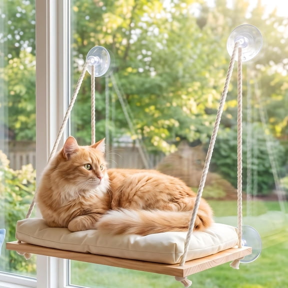 Cat Window Perch, Industrial-Grade Suction Cups Cat Window Hammock Bed, Solid Pine Wood Cat Seat with Soft Cushion, Sturdy Cat Window Shelf Holds Up to 42 lbs for Indoor Cats Resting Sunbathing