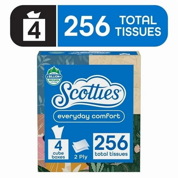 Scotties Everyday Comfort Facial Tissues, 64 Tissues per Box, 4 Cube Packs (256 Total Tissues)