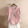 thumbnail image 5 of WREESH Womens Cotton Linen Shirts Short Sleeve Casual Round Neck Printed Blouse Loose Button Tunic Shirt Tops Pink, 5 of 5