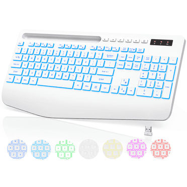 Wagpak Wireless Keyboard 7 Color Backlit Wrist Rest Rechargeable 112 Keys Quiet Keyboard-White