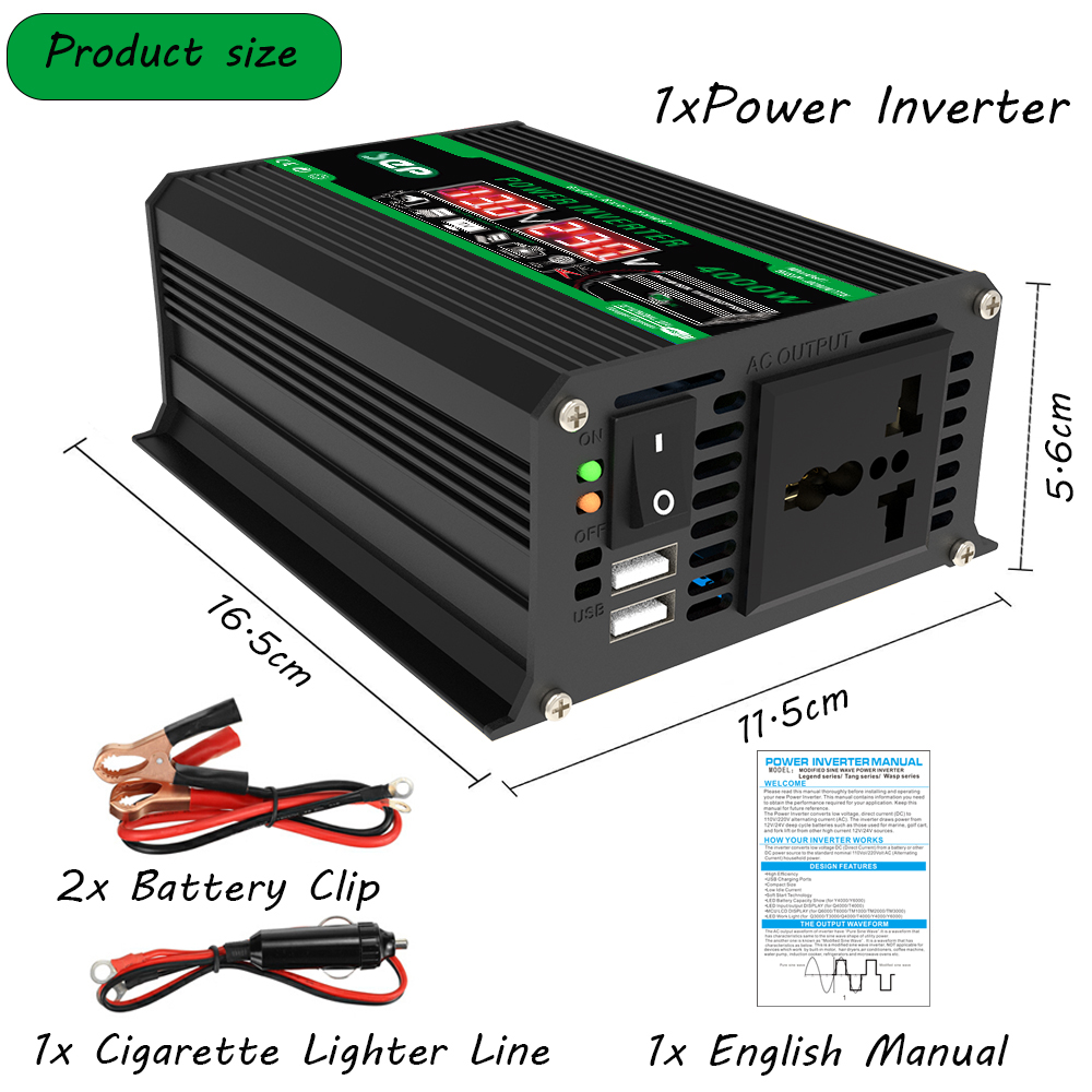 4000W Dual Digital LCD Display Solar Inverters DC 12V To AC 110V 220V Portable Power Bank Car Converter for Camping RV (12V-220V)