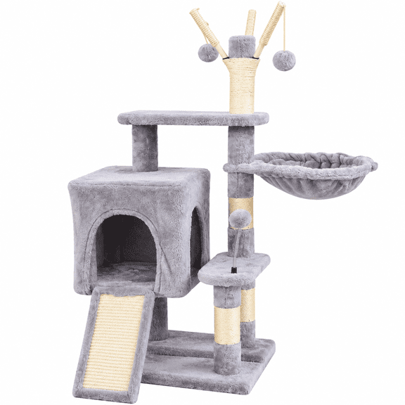 38.6-Inch Cat Tree Tower with Condo, Hammock, Scratching Ramp & Play Balls, Light Gray