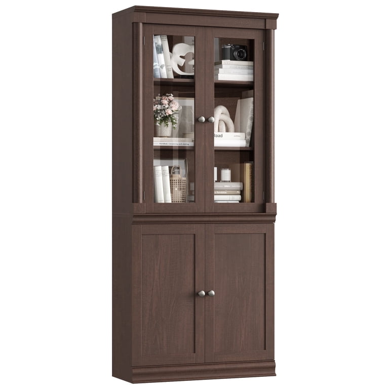 Homfa 71" Bookcase with Glass Doors, 5-Tier, Reddish-Brown photo 4