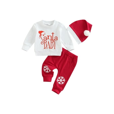 

Bagilaanoe 3Pcs Newborn Baby Girl Christmas Outfits Letter Print Long Sleeve Tee Tops Snowflake Print Trousers Hat 3M 6M 12M 18M 24M Infant Fall Long Pants Set