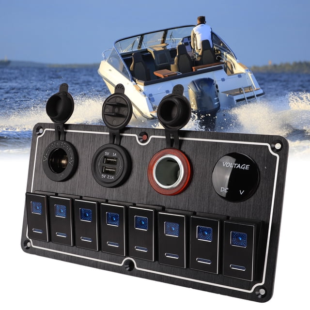 Marine Boat Switch Panel, Waterproof 8 Gang Anodize Black Boat Rocker Switch Panel Overload Protection 2 Blue LEDs For Ships