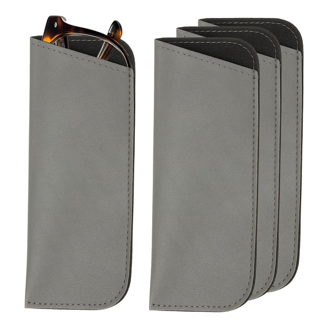 4pcs estuches suaves para gafas, estuche de gafas de cuero portátil para hombres y mujeres (gris) Pack de cuatro fundas deslizantes en PU gris, vista frontal con un estuche semiabierto que muestra gafas; costuras visibles, forro interior oscuro suave, tamaño compacto 16 x 6.5 cm (6.3 x 2.5 pulg.), adecuado para lentes, llaves y tarjetas.