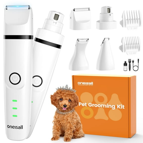 Oneisall N12 Dog Paw Trimmer for Dogs, 4-in-1 Low Noise Cordless Dog Grooming Kit, Body Dog Clipper & Face Dog Clipper & Dog Paw Clipper & Dog Nail Grinder - White