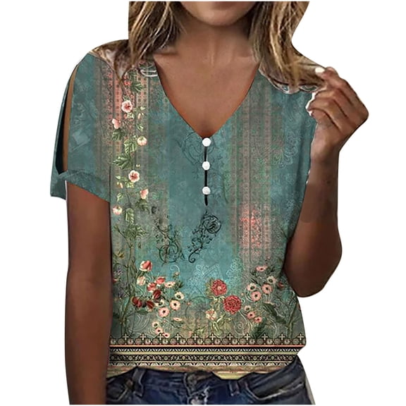 Lolmot Blouses & Button-Down Shirts for Women Casual Short Sleeve T Shirts Fashion Floral Printed V-Neck Pullover Blouse Regular-Fit Summer Tops for Women